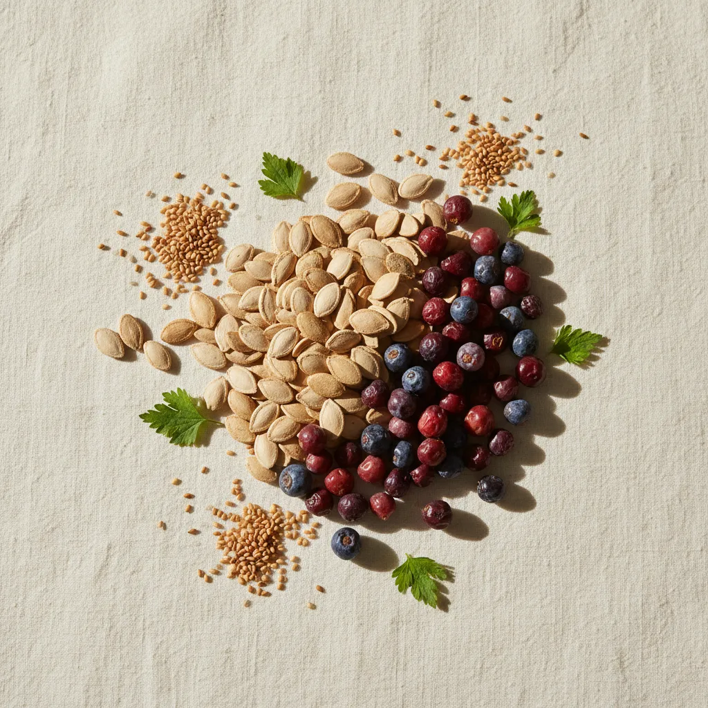 Pompoenzaden, saw palmetto bessen en kruidensupplement ingrediënten op een crème linnen achtergrond
