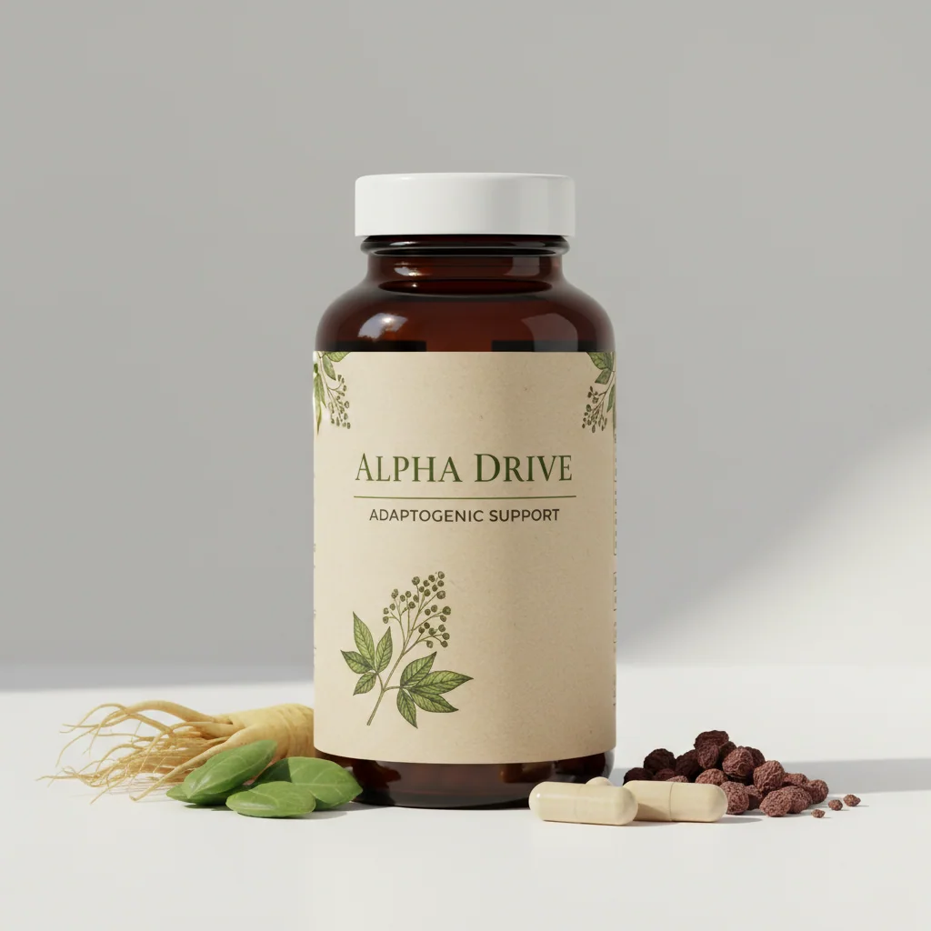 Alpha Drive witte supplement pot met lichtblauwe hexagonale accenten en donkerblauwe productnaam op etiket