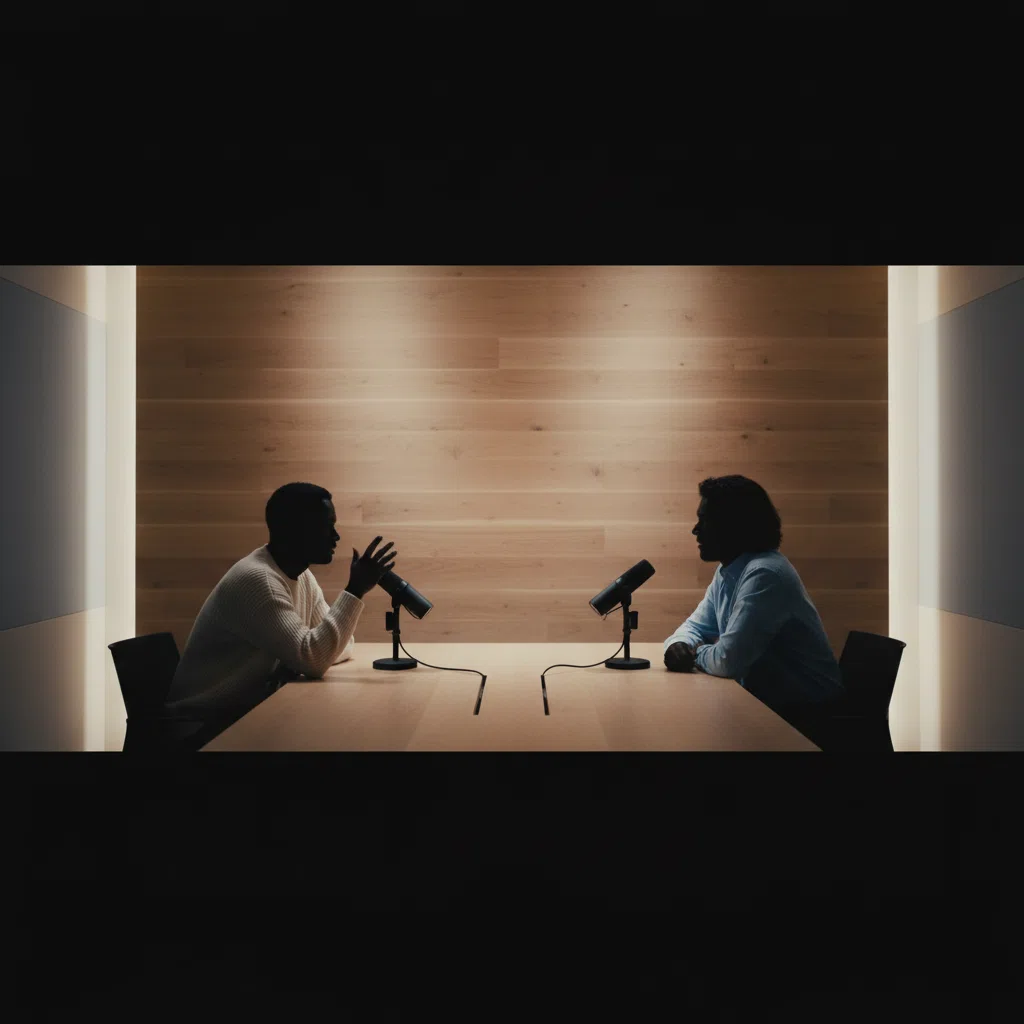 Twee anonieme silhouetten aan een redactionele werktafel in een modern studio-interieur
